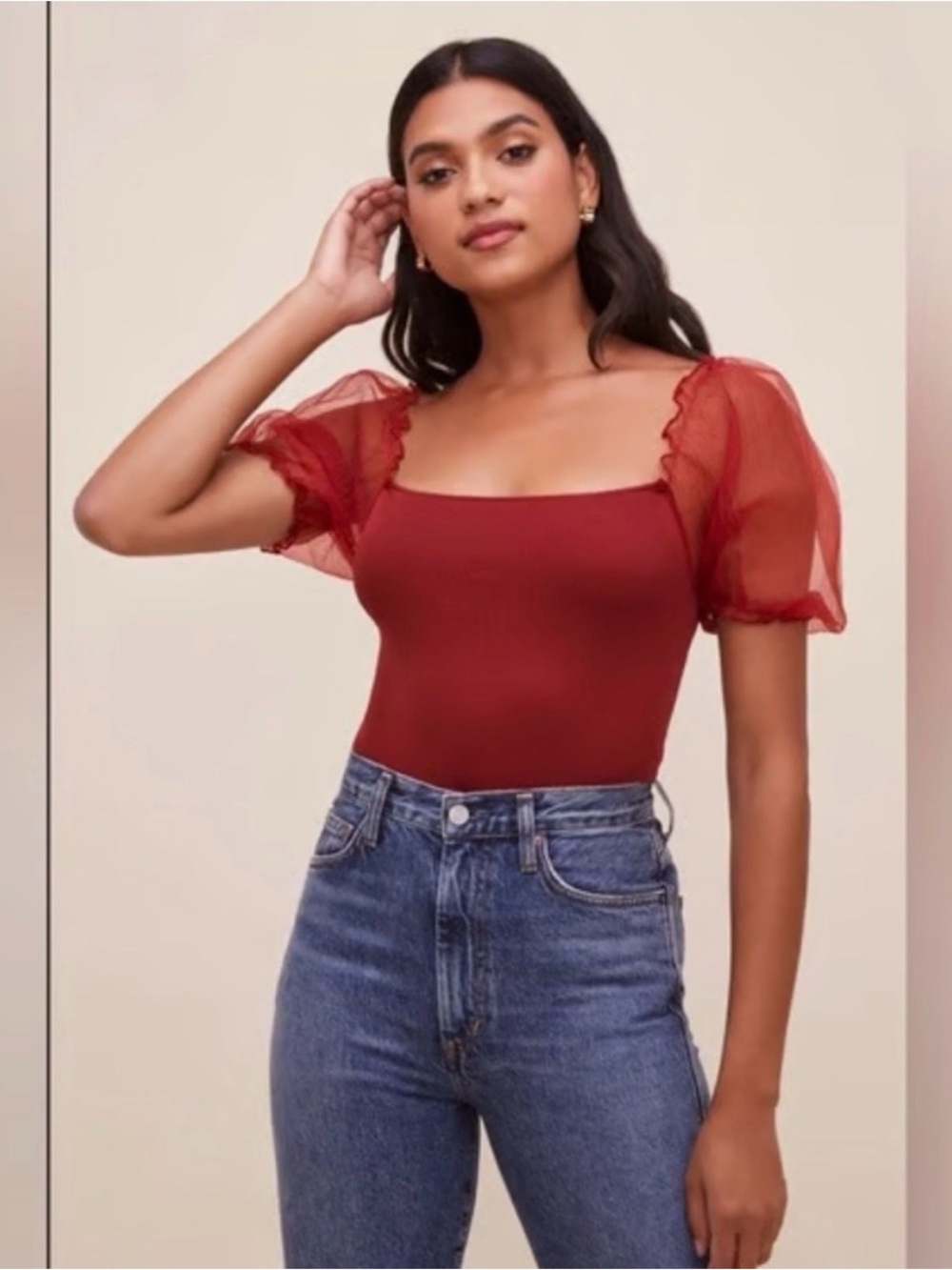 NWOT ASTR the Label | Darling
Sheer Puff Sleeve Bodysuit Wine Women’s Medium
